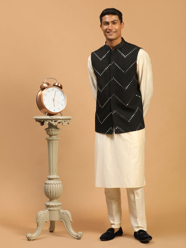 Men's Black Mirror Jacket With Kurta Pant Set