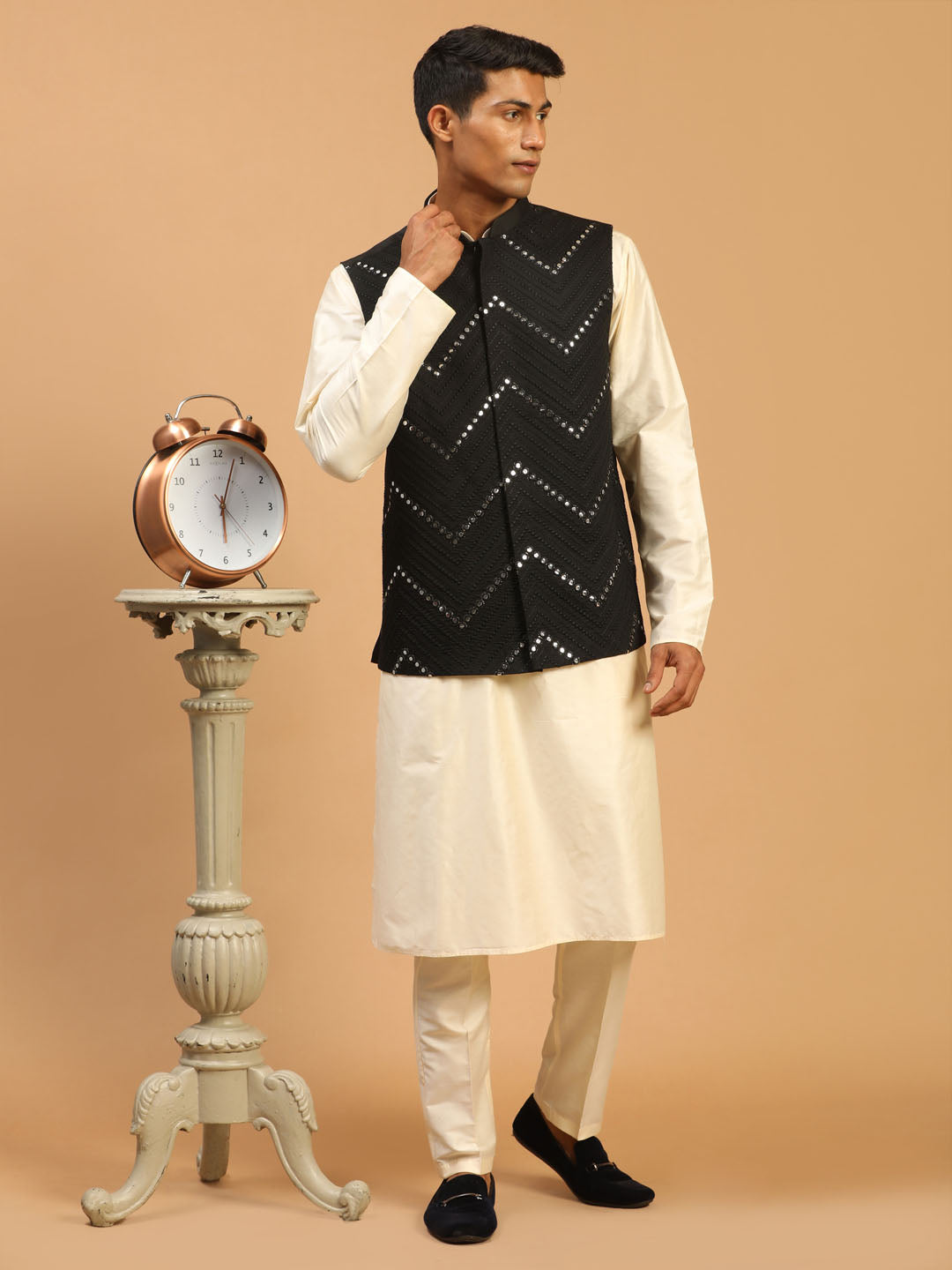 Men's Black Mirror Jacket With Kurta Pant Set