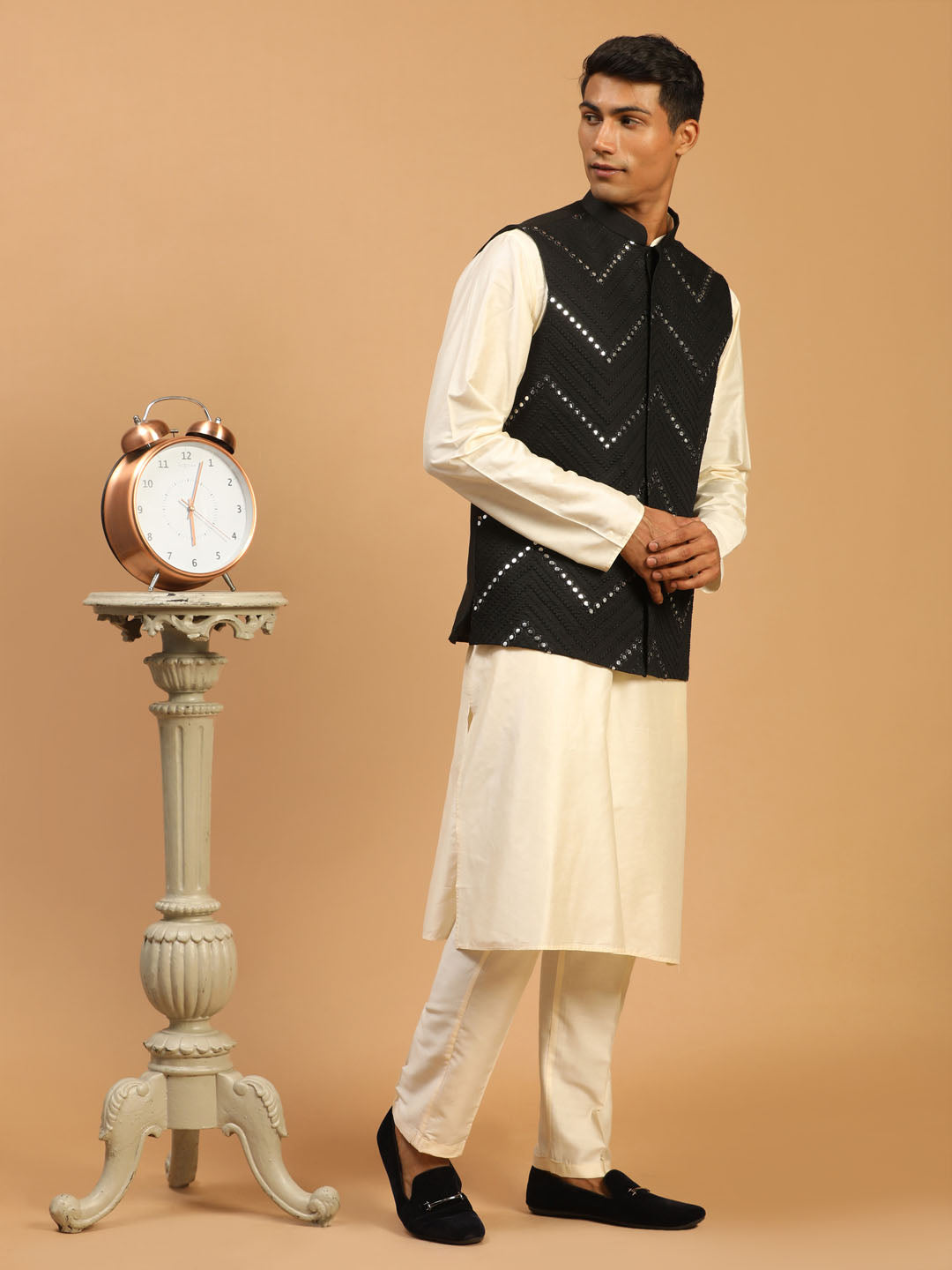 Men's Black Mirror Jacket With Kurta Pant And Dupatta Set
