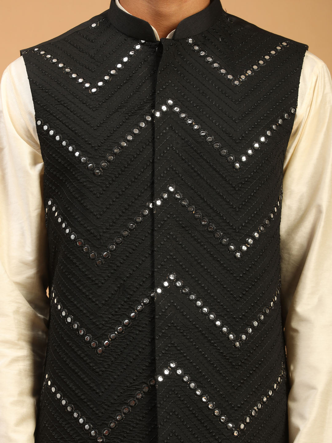 Men's Black Mirror Jacket With Kurta Pant And Dupatta Set