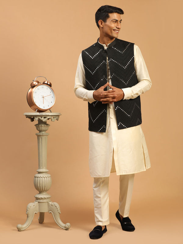 Men's Black Mirror Jacket With Front Open Kurta Pant Set