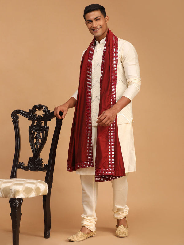 Men's Cream Mirror Jacket With Kurta Pyjama And Dupatta Set