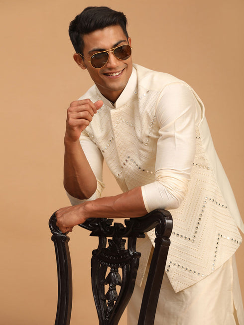 Men's Cream Mirror Jacket With Kurta Pyjama Set