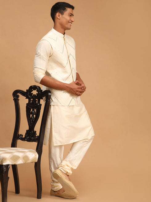 Men's Cream Mirror Jacket With Kurta Pyjama Set