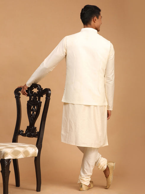 Men's Cream Mirror Jacket With Kurta Pyjama Set