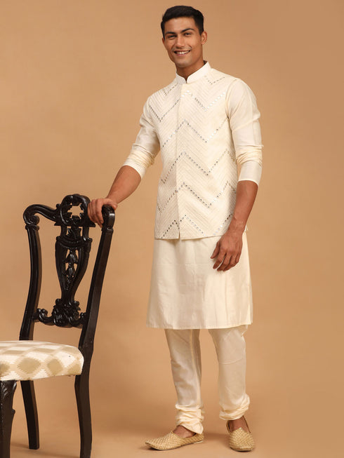 Men's Cream Mirror Jacket With Kurta Pyjama Set