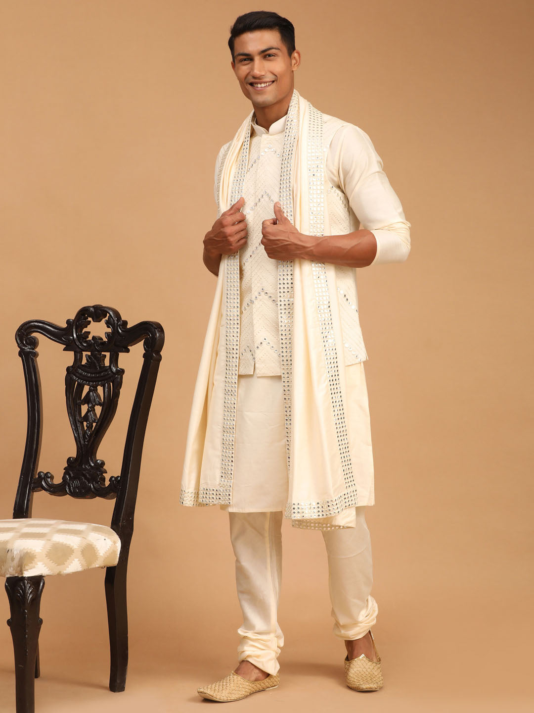Men's Cream Mirror Jacket With Kurta Pyjama And Dupatta Set