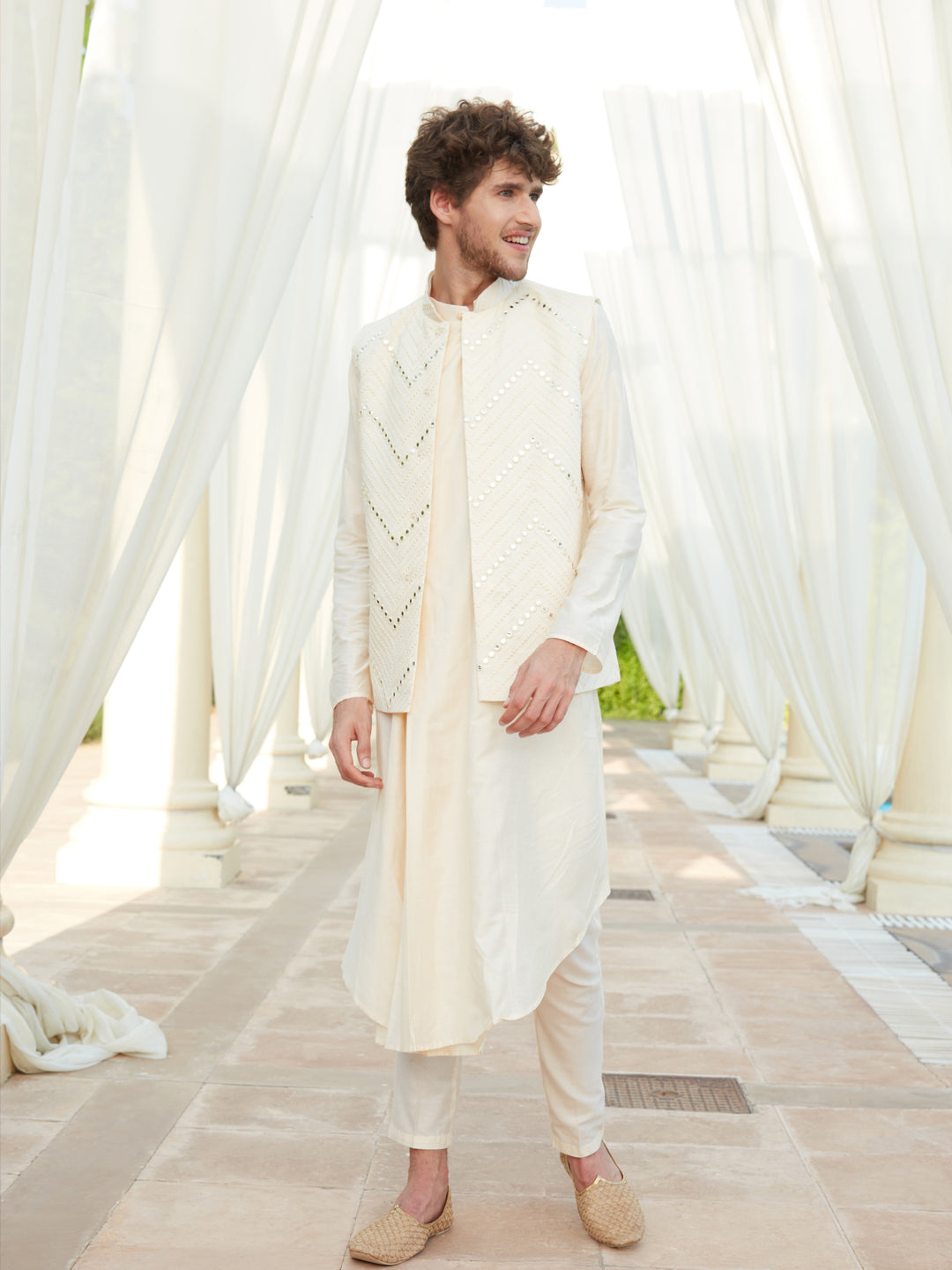 Men's Cream Mirror Jacket With Pleated Kurta Pyjama Set