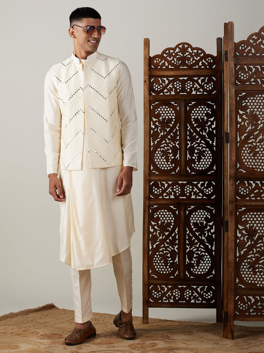 Men's Cream Mirror Jacket With Pleated Kurta Pyjama Set