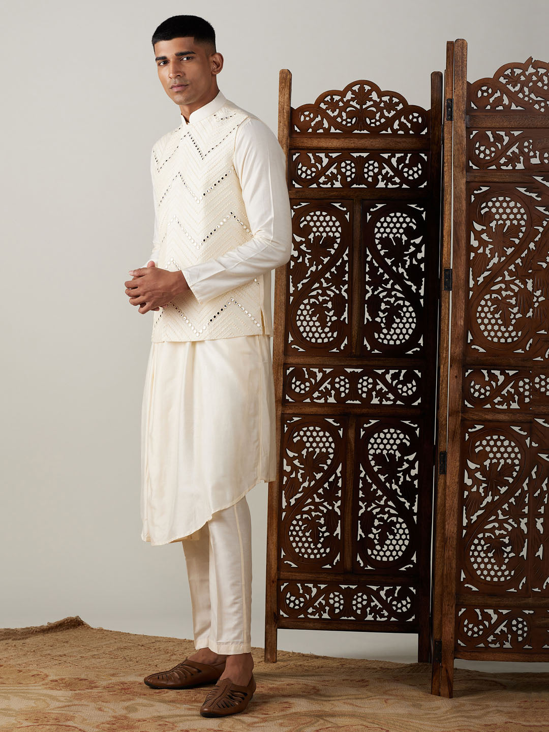 Men's Cream Mirror Jacket With Pleated Kurta Pyjama Set