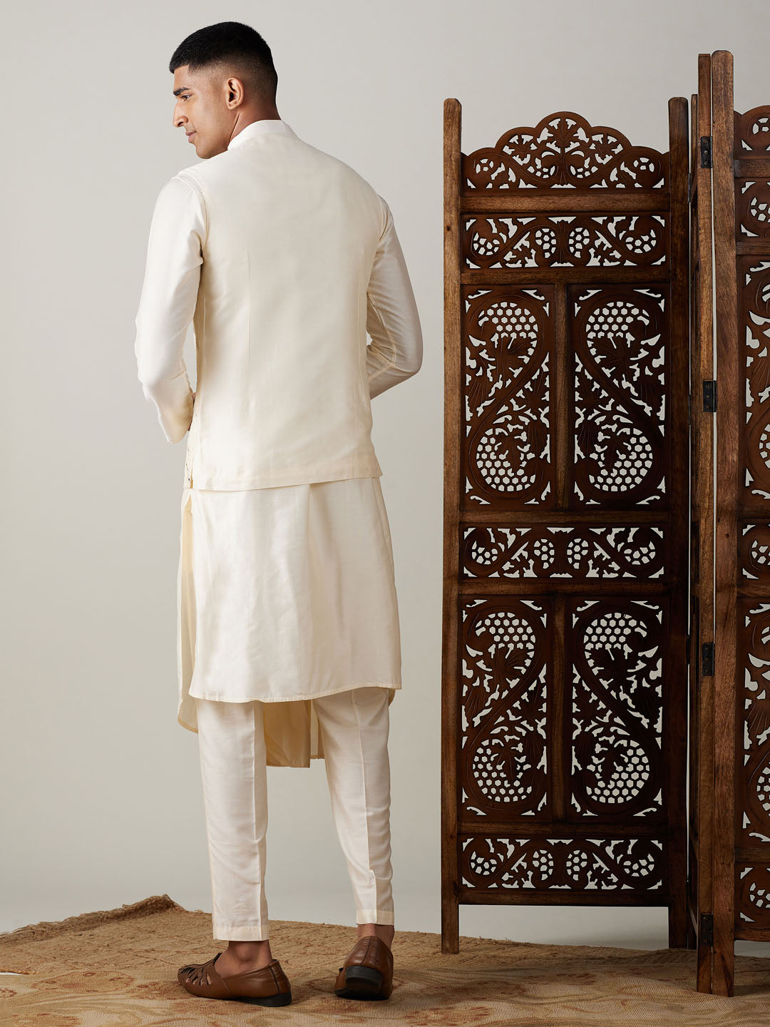 Men's Cream Mirror Jacket With Pleated Kurta Pyjama Set