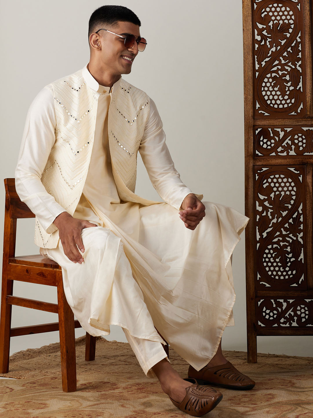 Men's Cream Mirror Jacket With Pleated Kurta Pyjama Set