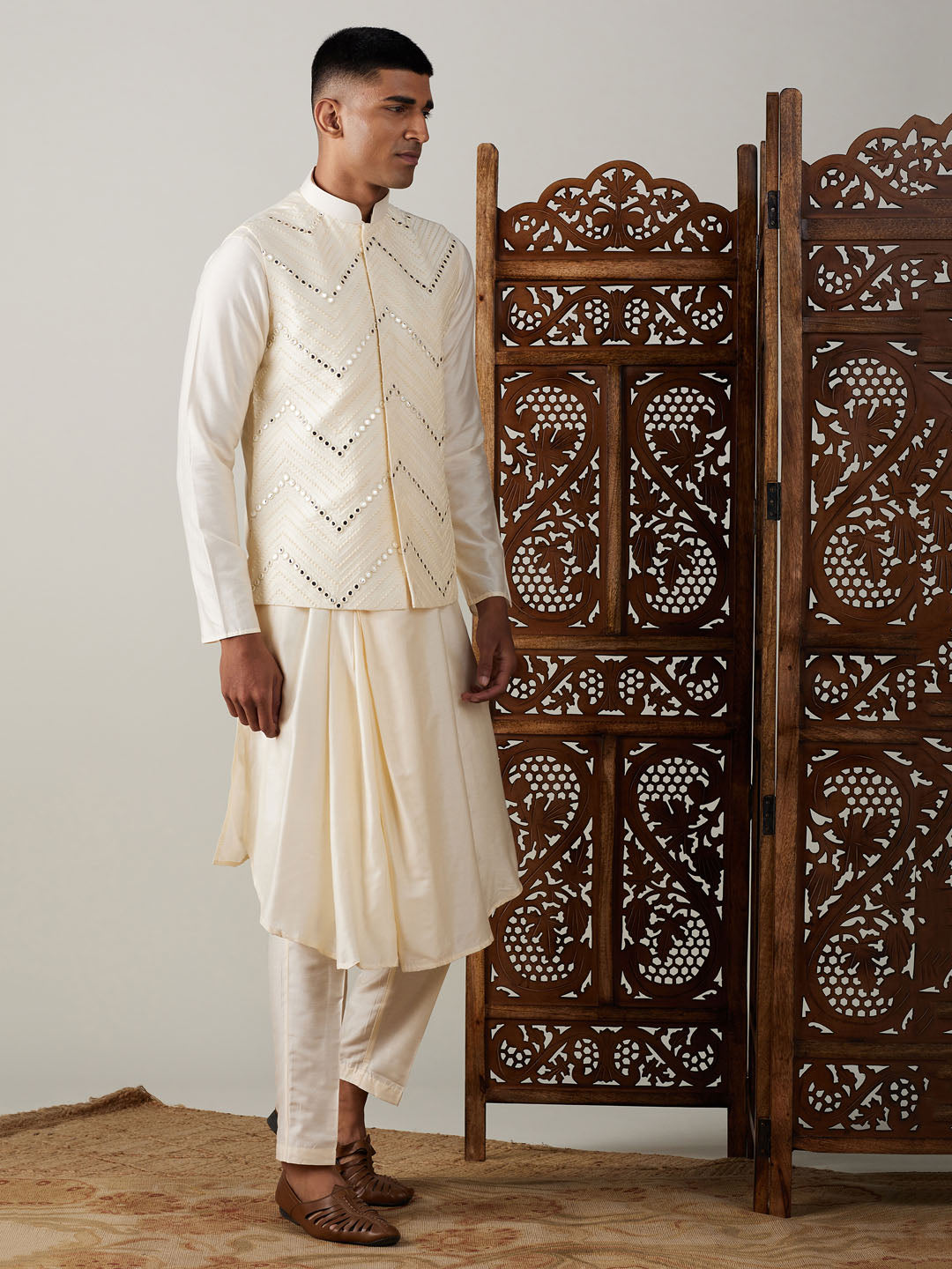 Men's Cream Mirror Jacket With Pleated Kurta Pyjama Set