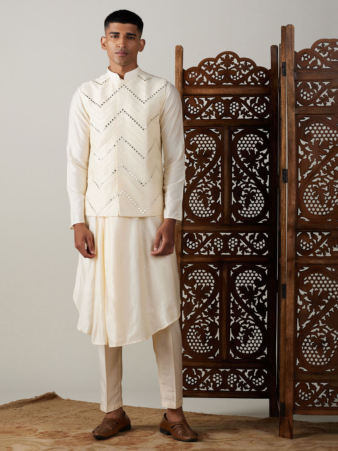Men's Cream Mirror Jacket With Pleated Kurta Pyjama Set