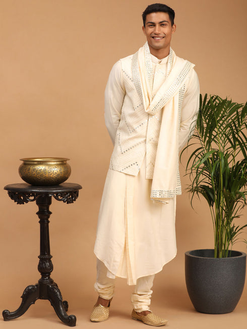 Men's Cream Mirror Jacket With Pleated Kurta Pyjama And Dupatta Set