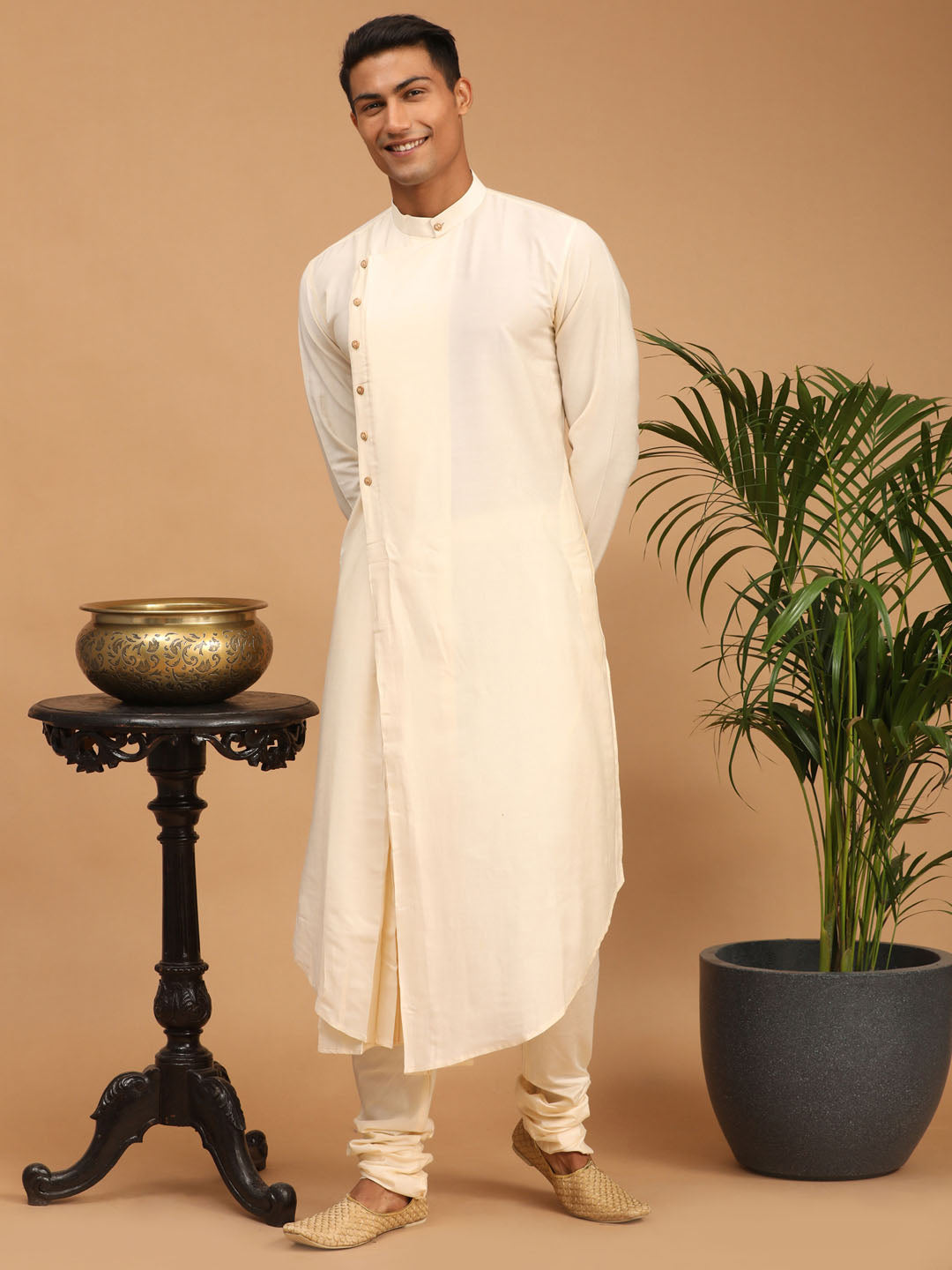 Men's Cream Mirror Jacket With Pleated Kurta Pyjama And Dupatta Set