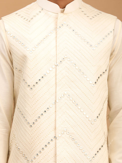 Men's Cream Mirror Jacket With Pleated Kurta Pyjama And Dupatta Set