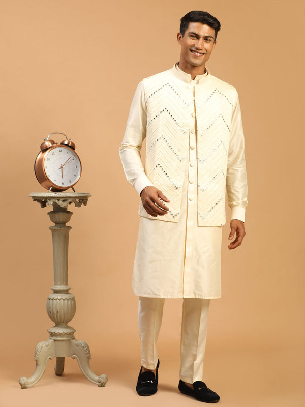 Men's Cream Mirror Jacket With Front Open Kurta Pyjama Set