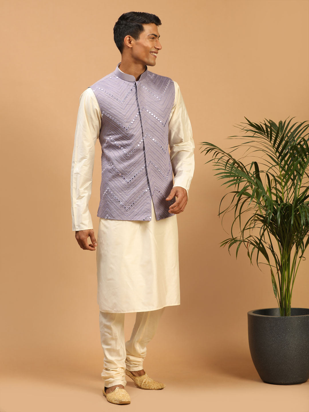 Men's Purple Mirror Jacket With Kurta Pyjama Set