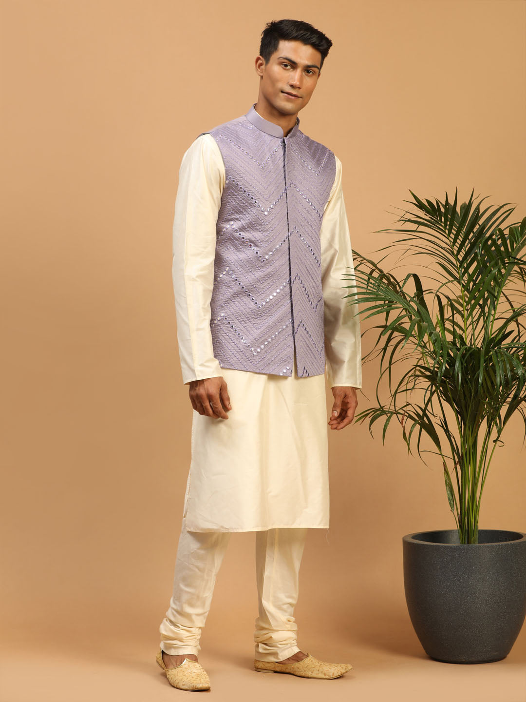 Men's Purple Mirror Jacket With Kurta Pyjama Set