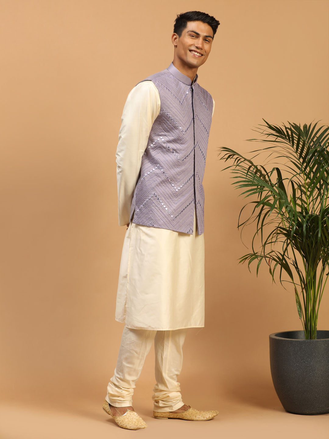 Men's Purple Mirror Jacket With Kurta Pyjama Set