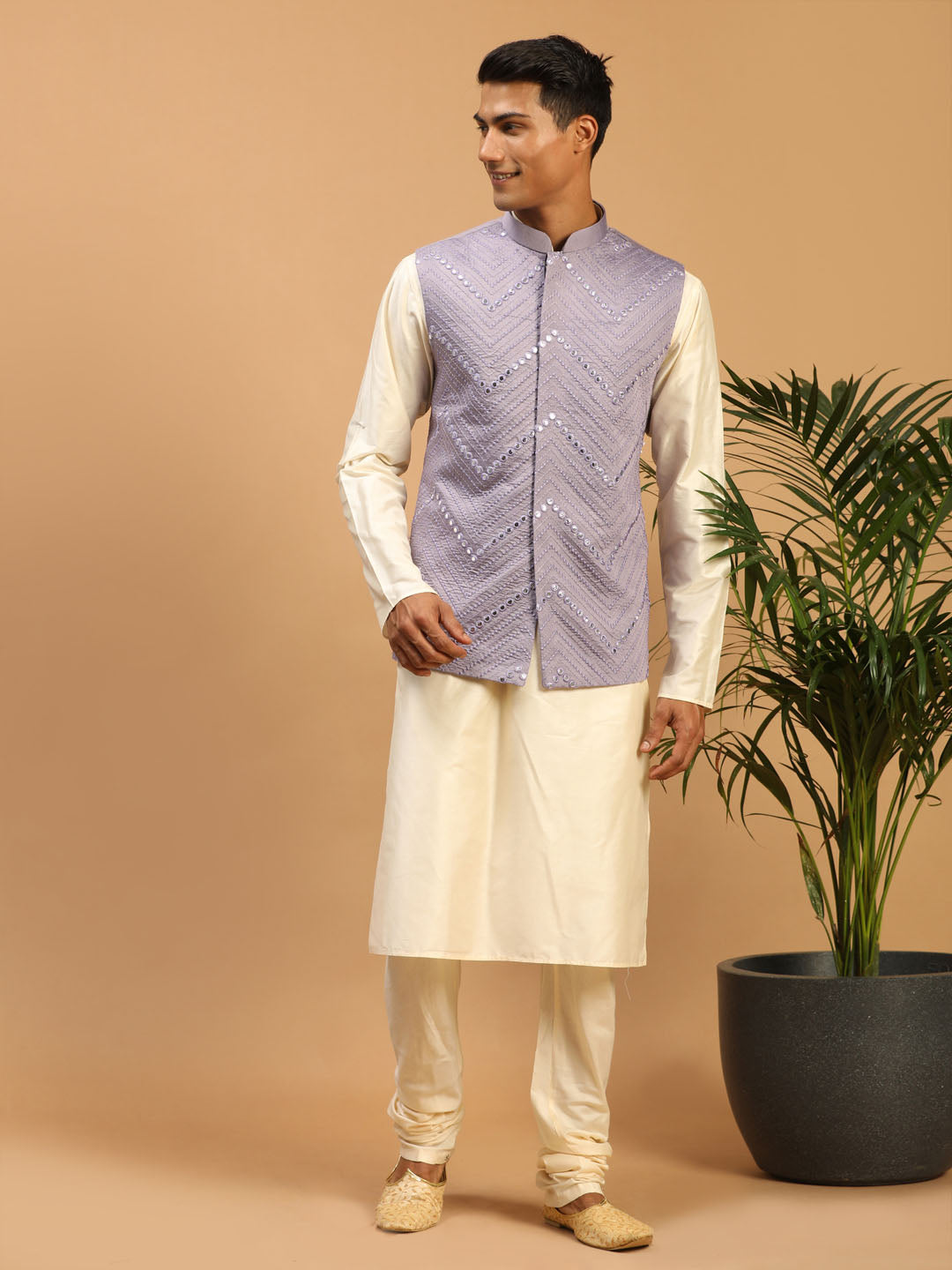 Men's Purple Mirror Jacket With Kurta Pyjama Set