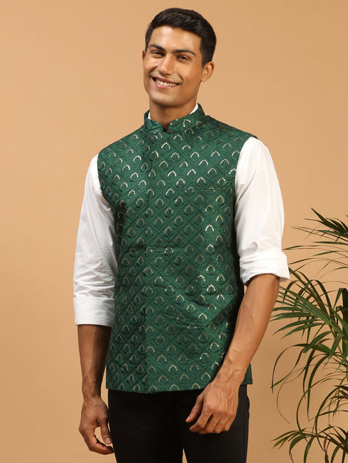 Men's Green Embellishd Ethnic Nehru Jacket