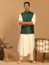 Men's Green Embellished Jacket And Cream Pleated Kurta Pant Set