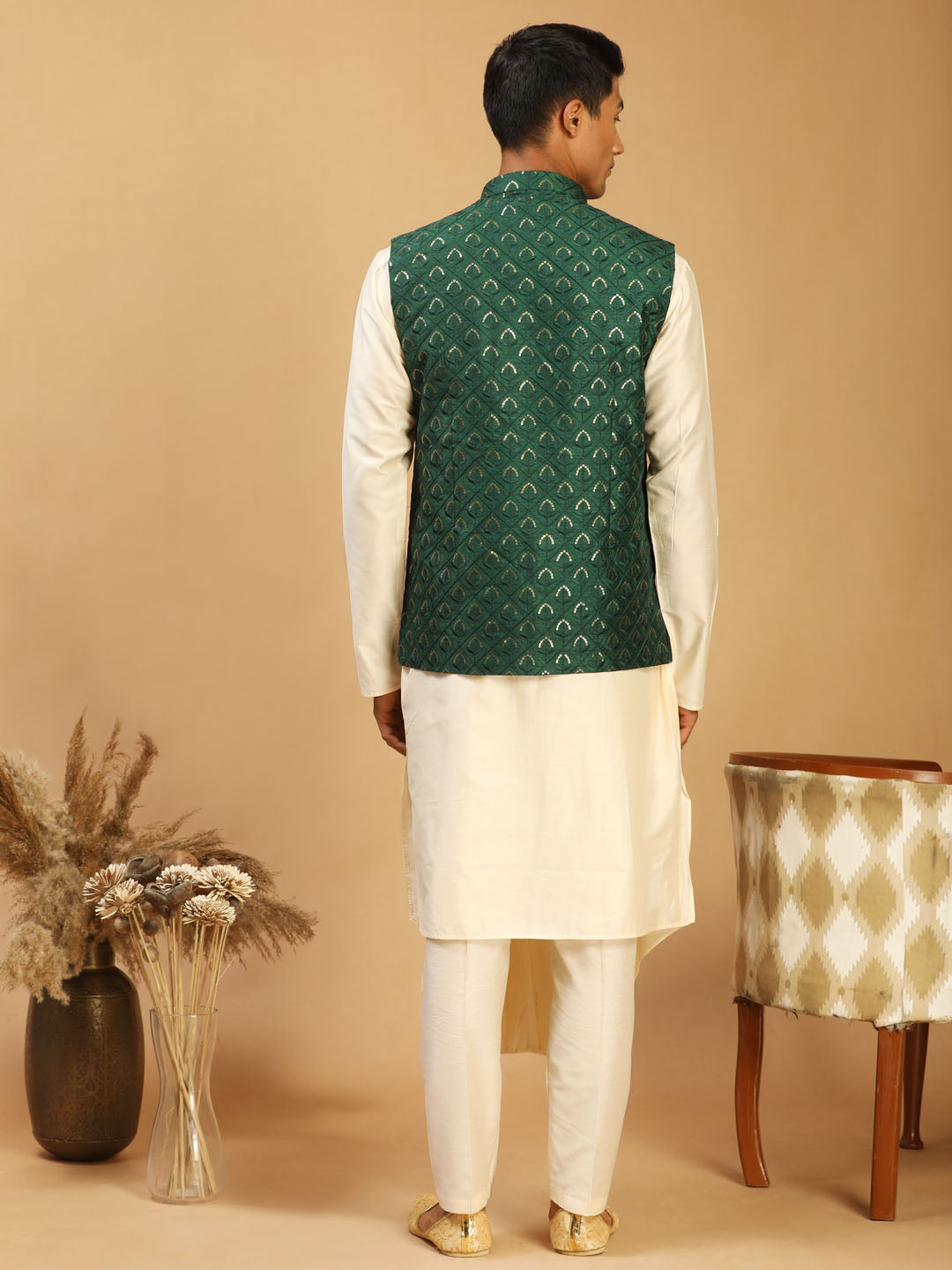 Men's Green Embellished Jacket And Cream Pleated Kurta Pant Set