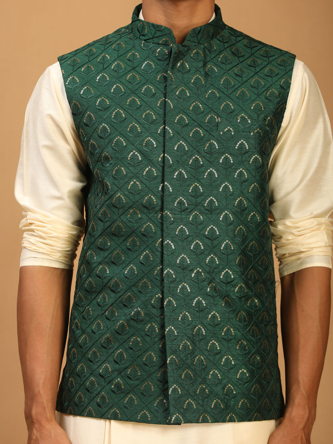 Men's Green Embellished Jacket And Cream Pleated Kurta Pant Set
