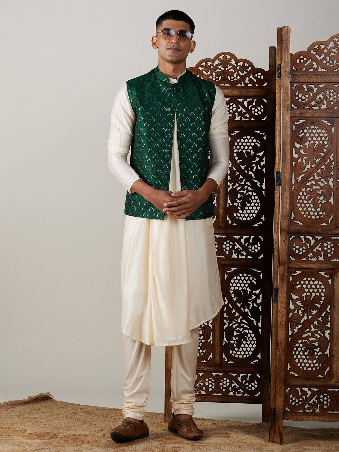 Men's Green Jacket Pleated Kurta With Pyjama Set