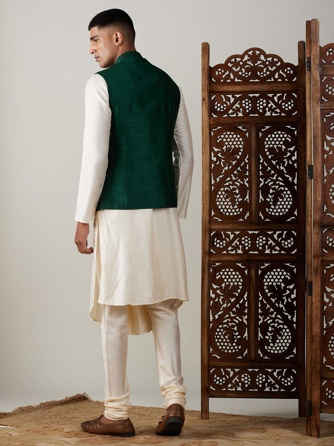Men's Green Jacket Pleated Kurta With Pyjama Set