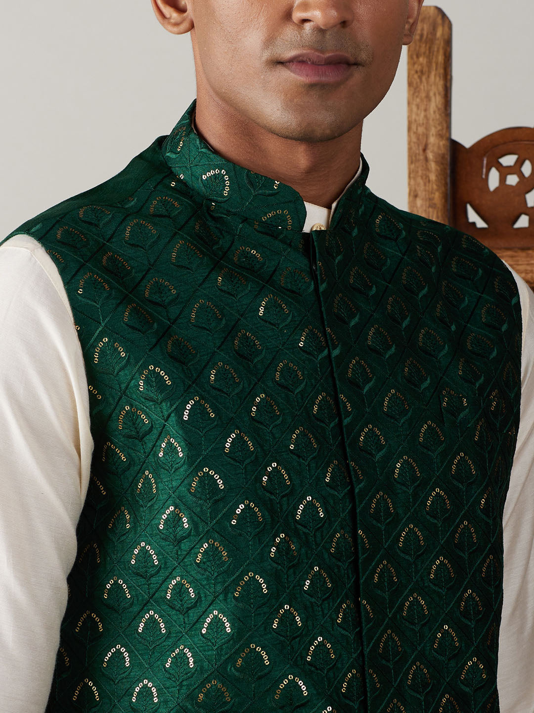 Men's Green Jacket Pleated Kurta With Pyjama Set