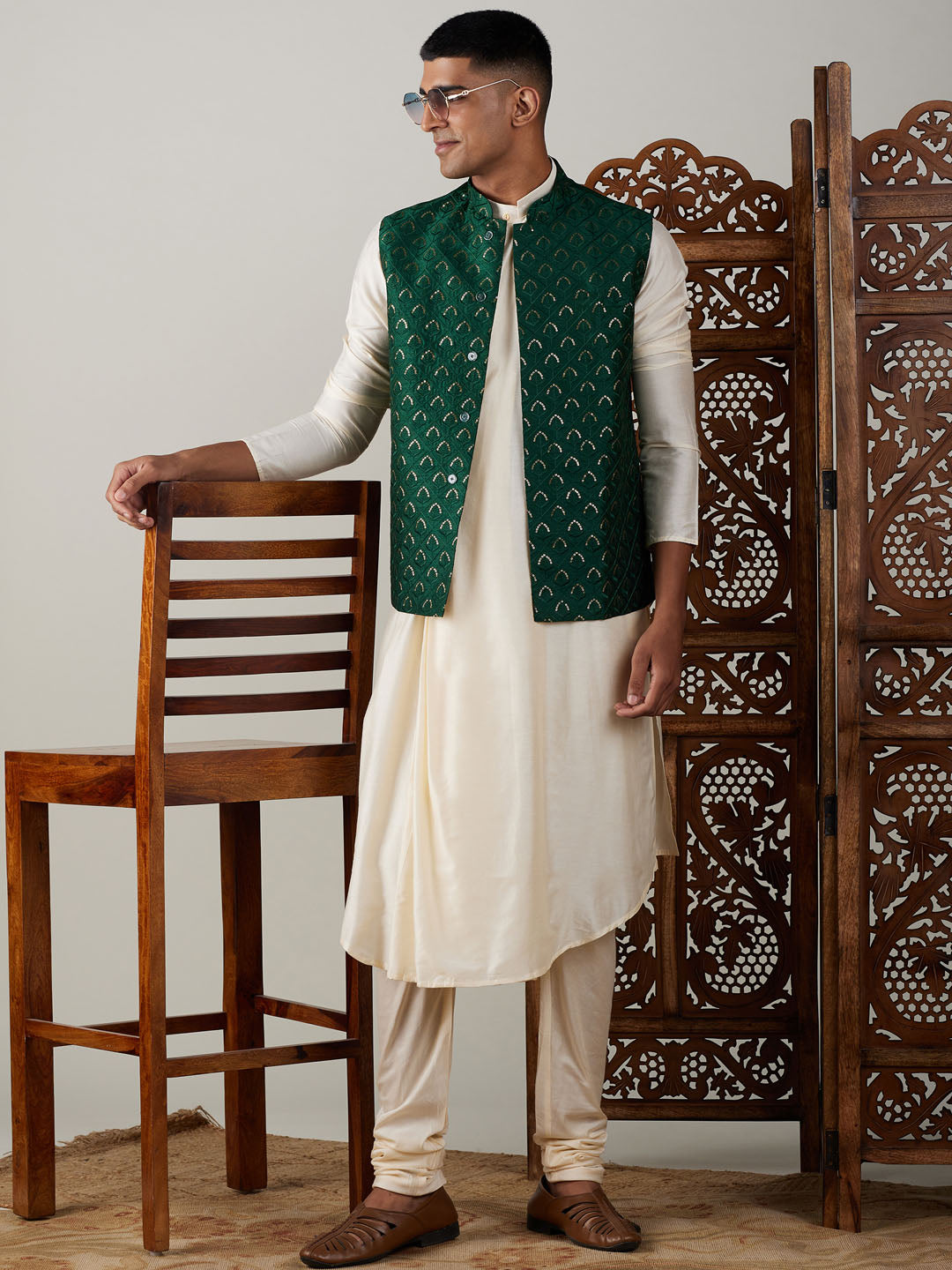 Men's Green Jacket Pleated Kurta With Pyjama Set