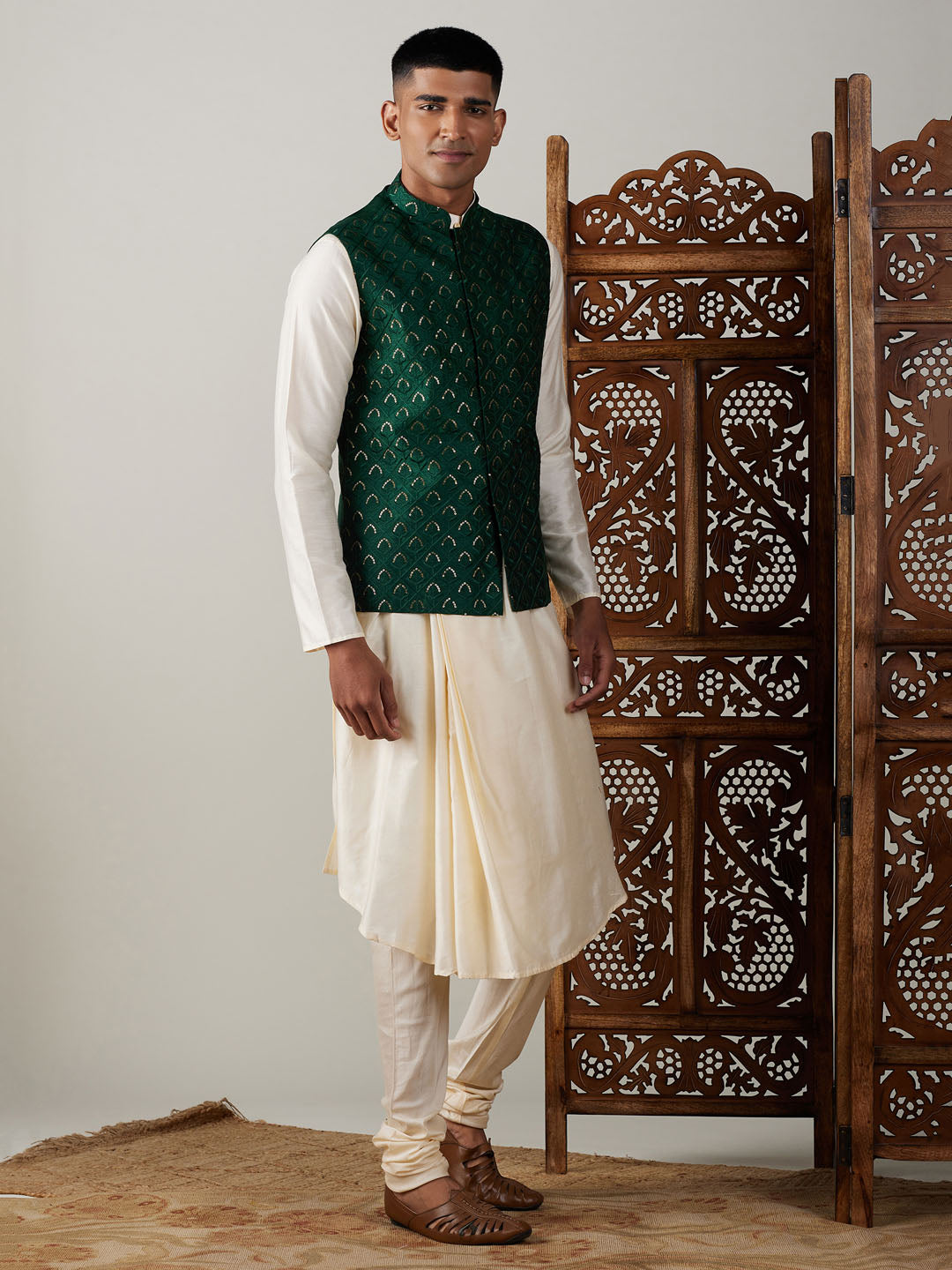 Men's Green Jacket Pleated Kurta With Pyjama Set