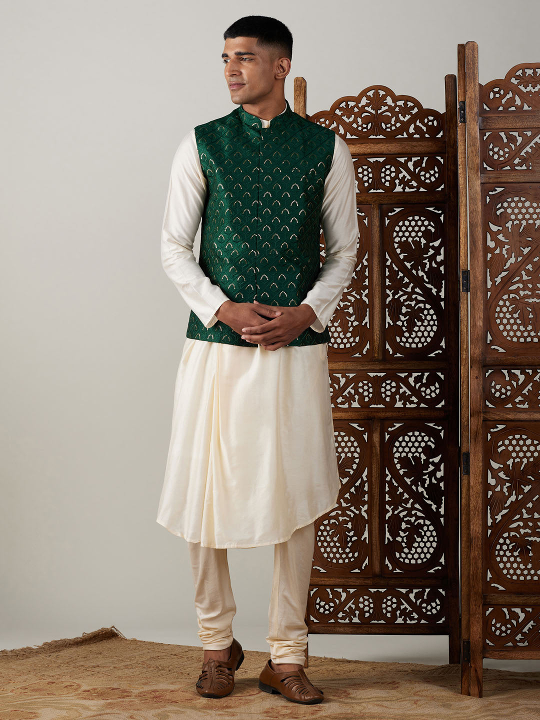 Men's Green Jacket Pleated Kurta With Pyjama Set