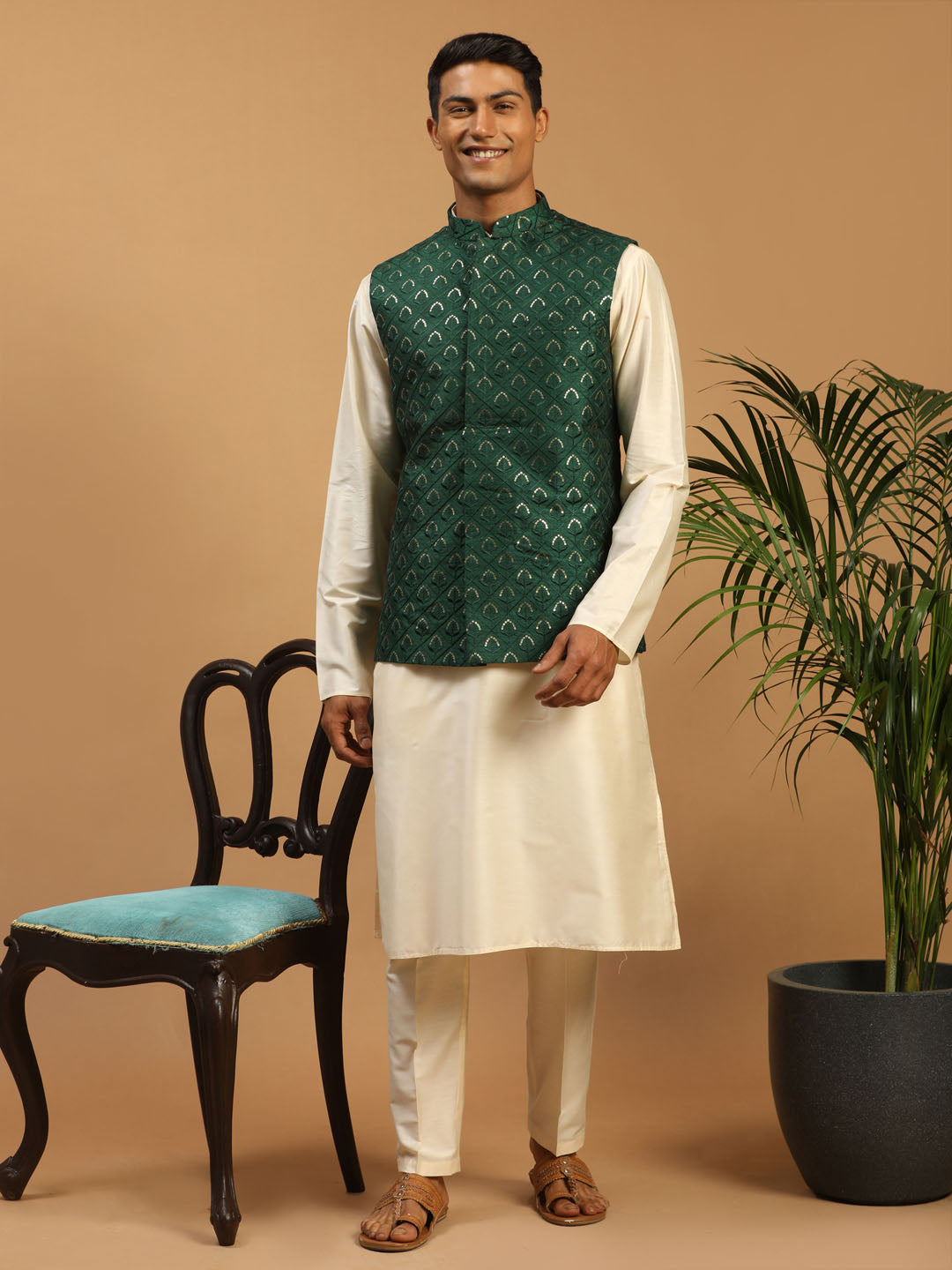 Men's Green Embellished Jacket And Cream Kurta Pant Set