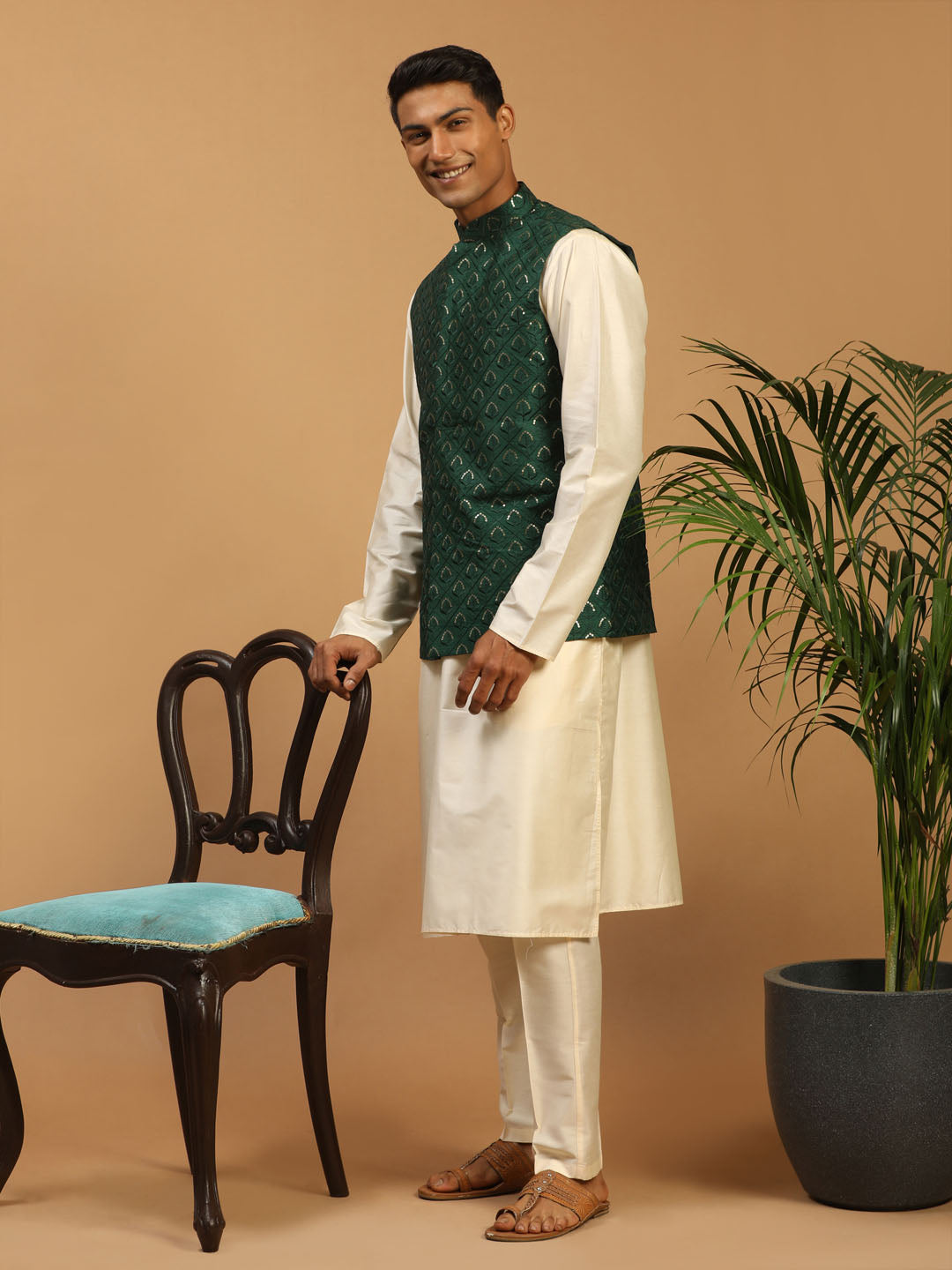 Men's Green Embellished Jacket And Cream Kurta Pant Set