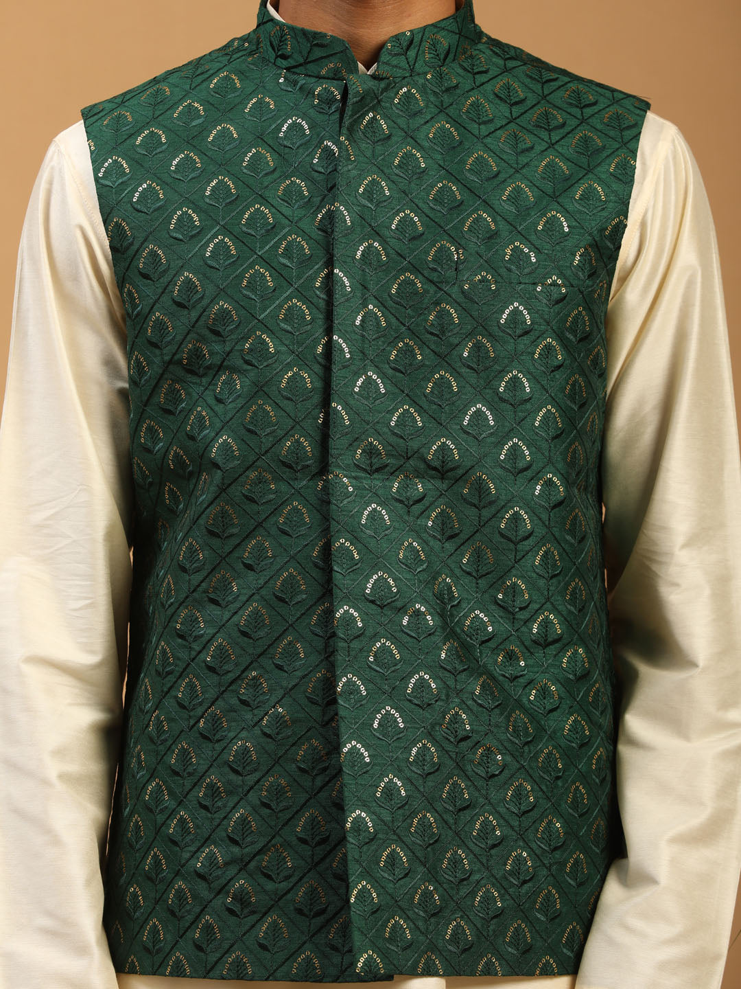 Men's Green Embellished Jacket And Cream Kurta Pant Set