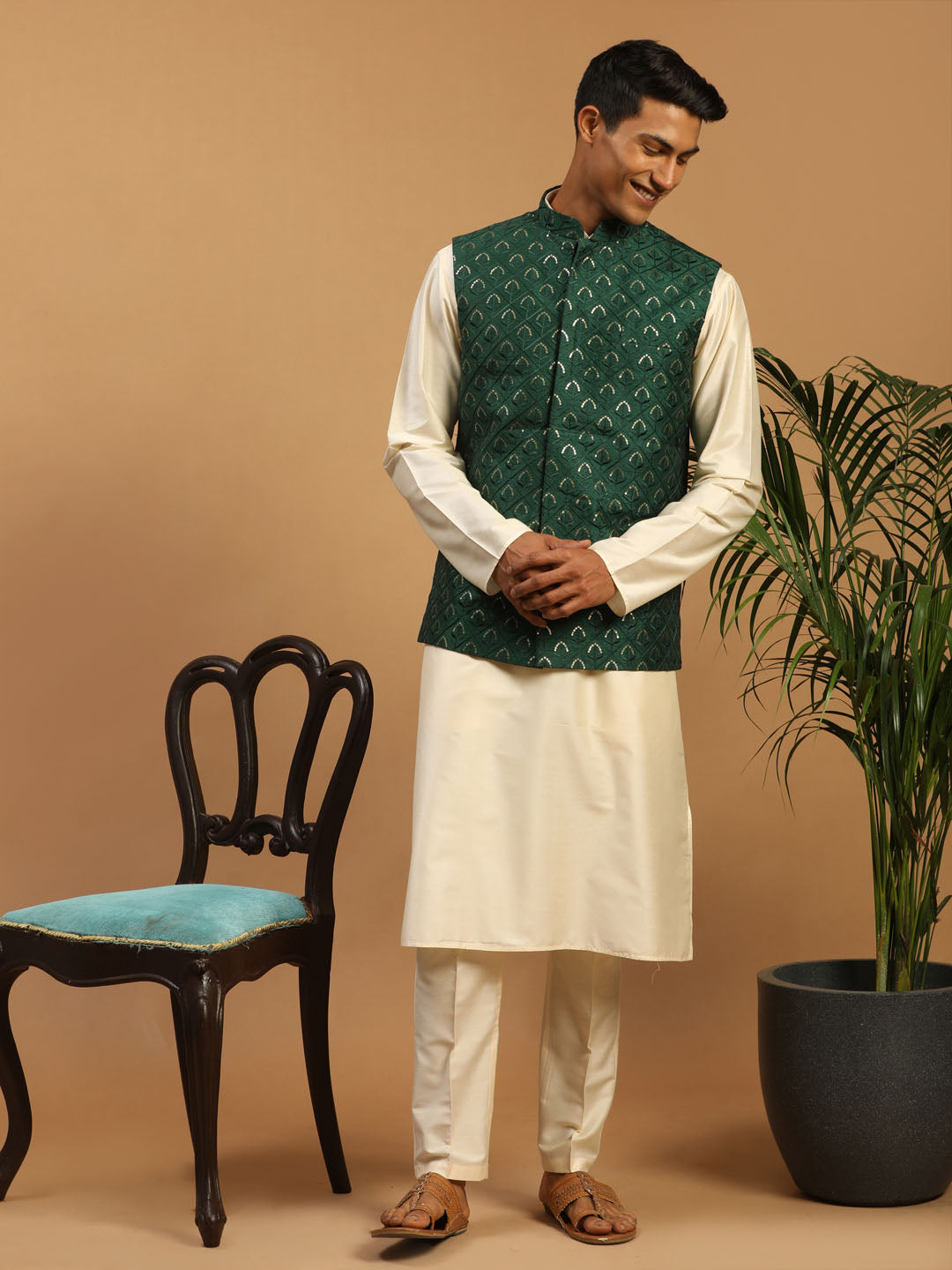 Men's Green Embellished Jacket And Cream Kurta Pant Set