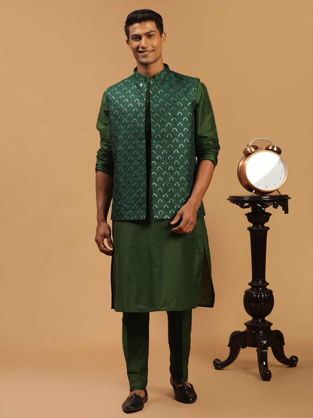 Men's Green Embellished Jacket And Green Kurta And Pant Set