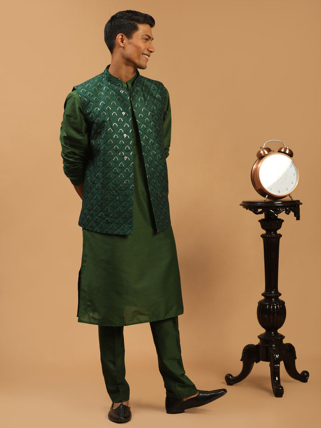 Men's Green Embellished Jacket And Green Kurta And Pant Set