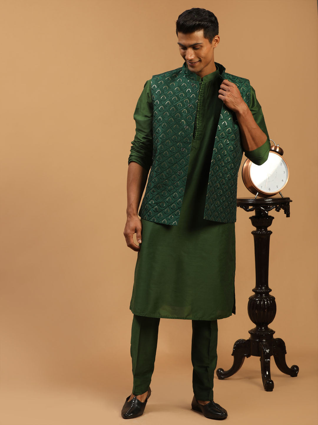Men's Green Embellished Jacket And Green Kurta And Pant Set