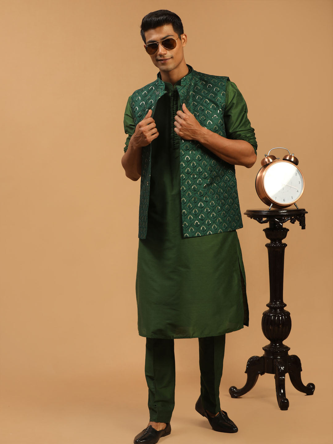 Men's Green Embellished Jacket And Green Kurta And Pant Set