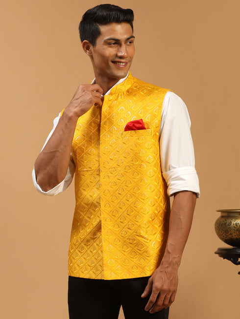 Men's Yellow Embellished Ethnic Nehru Jacket