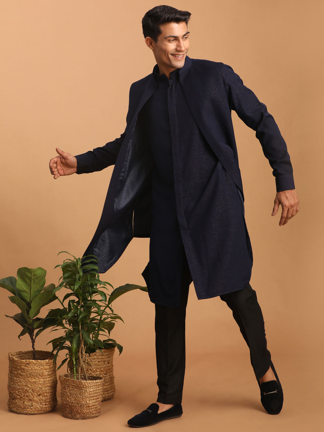 Men's Navy Blue Printed Jacket Kurta Pant Set
