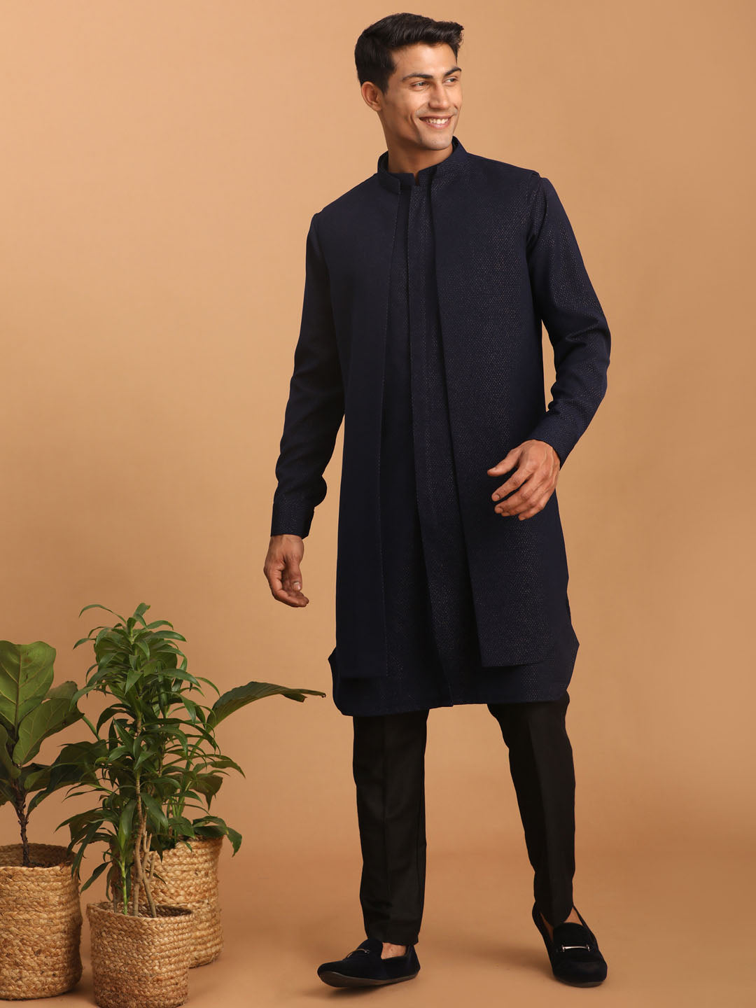 Men's Navy Blue Printed Jacket Kurta Pant Set