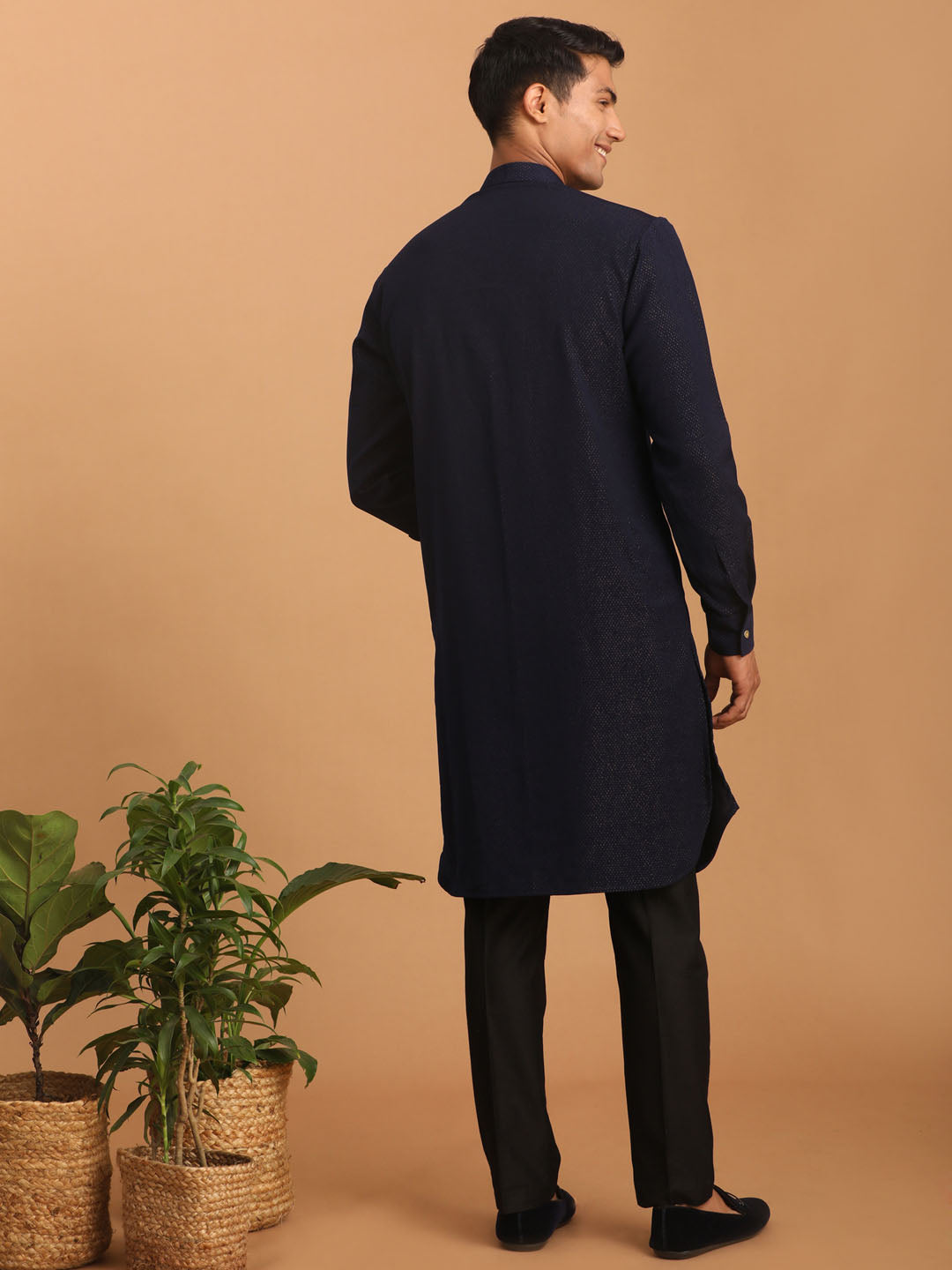 Men's Navy Blue Printed Jacket Kurta Pant Set