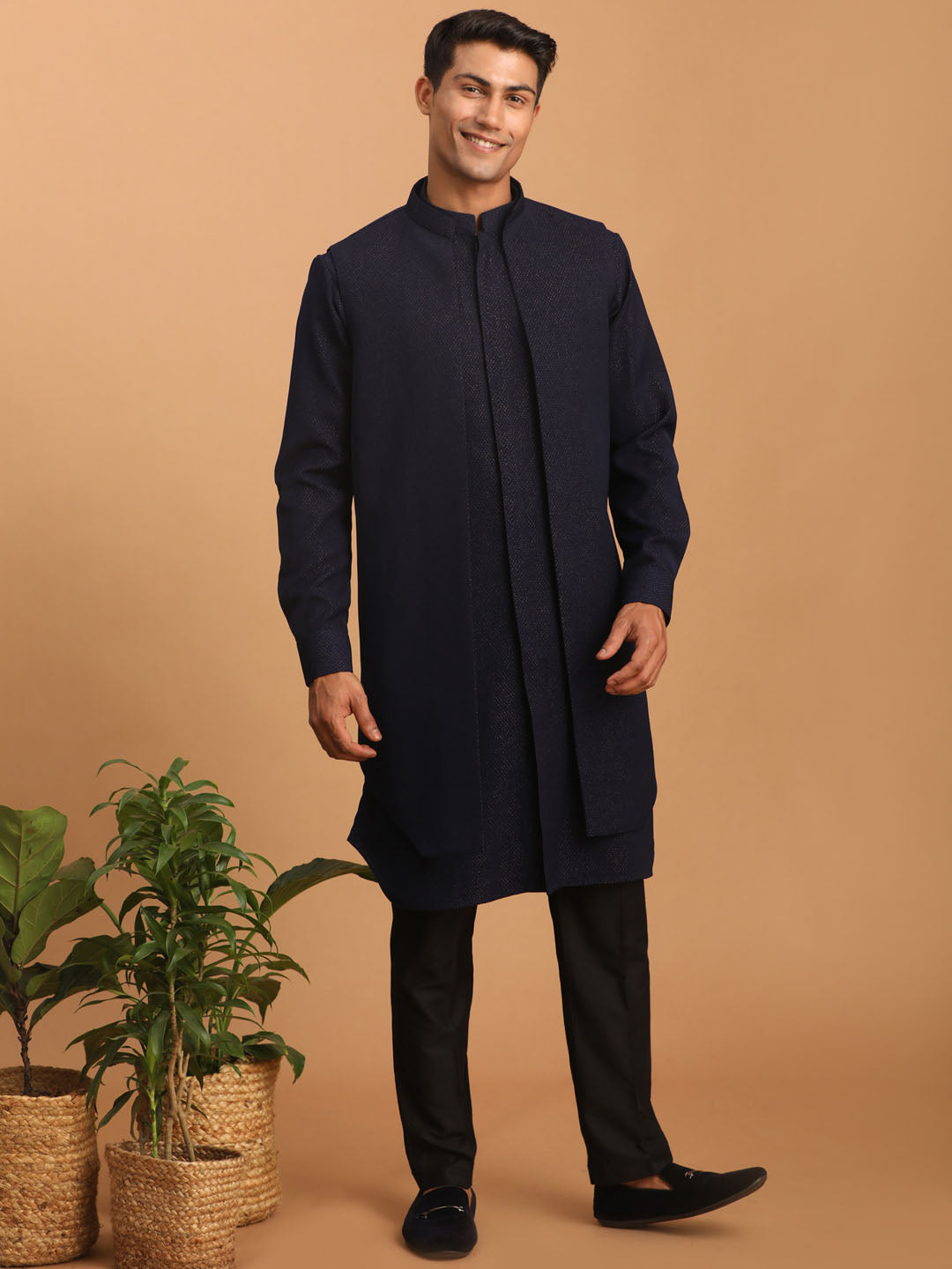 Men's Navy Blue Printed Jacket Kurta Pant Set