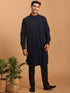 Men's Navy Blue Printed Jacket Kurta Pant Set